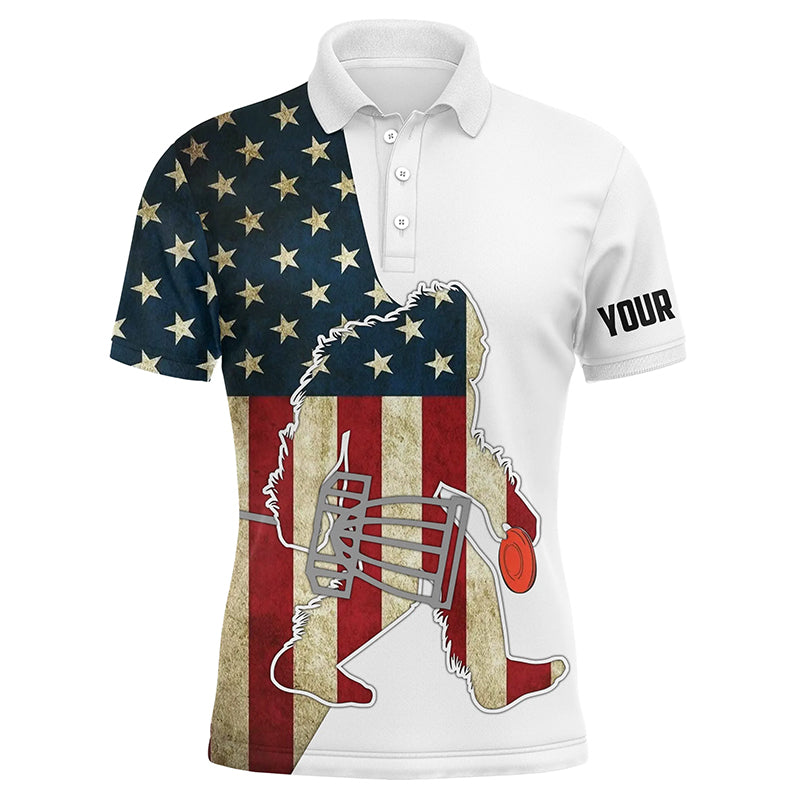 Bigfoot Disc Golf Men Polo Shirt - Custom Name American Flag Sasquatch Playing Apparel - Personalized Gift For Disc Golf Lover, Team