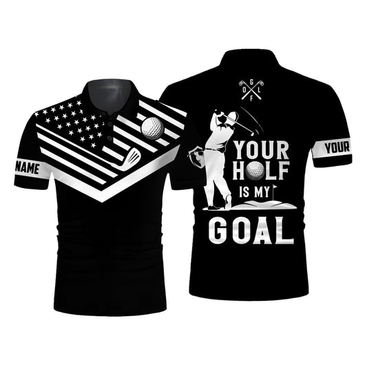 Golf Men Polo Shirt - Custom Name White American Flag Apparel - Personalized Gift For Golf Lover, Male, Husband, Team Golf - Your Hole Is My Goal