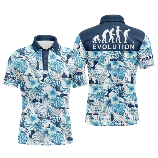 Golf Men Polo Shirt - Custom Name Blue Tropical Plant Pattern Apparel - Personalized Gift For Golf Lover, Team, Husband, Boyfriend, Men - Evolution