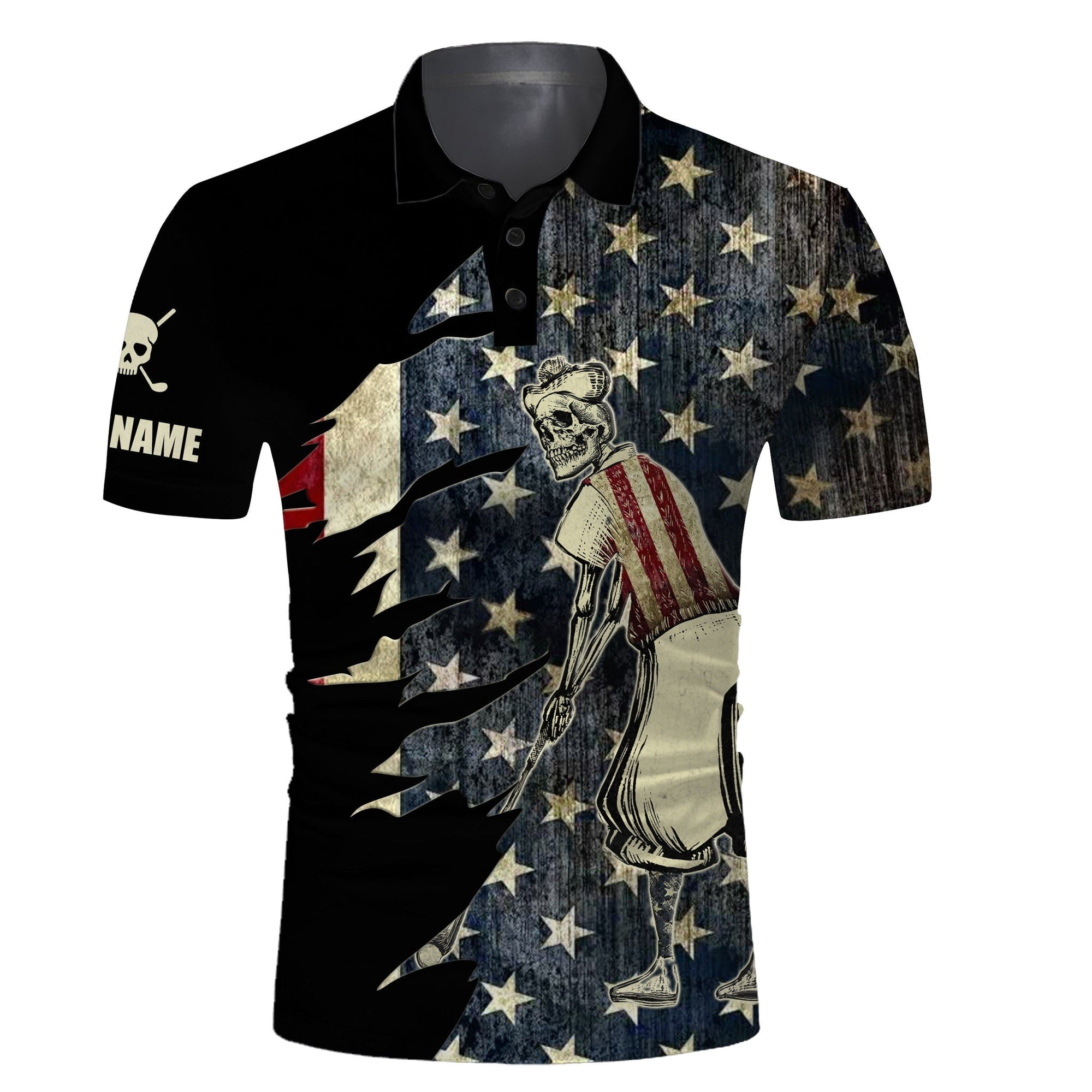 Golf Men Polo Shirt - Custom Name American Flag Skull Patriotic Black Apparel - Personalized Gift For Golf Lover, Team, Golfer, 4th July