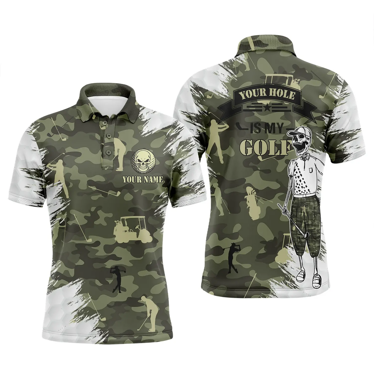 Golf Men Polo Shirt - Funny Skull Green Camo Custom Name Apparel - Personalized Gift For Golf Lover, Team, Husband, Men - Your Hole Is My Goal