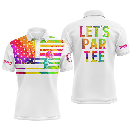 Golf Men Polo Shirt - Custom Name Watercolor American Flag White Apparel - Personalized Gift For Golf Lover, Male, Husband, Team Golf - Let’s Par Tee