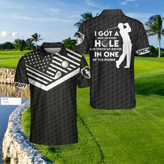 I Got A Hole In One Custom Polo Shirt, Personalized Golf American Flag Polo Shirt, Cool Golf Shirt For Men