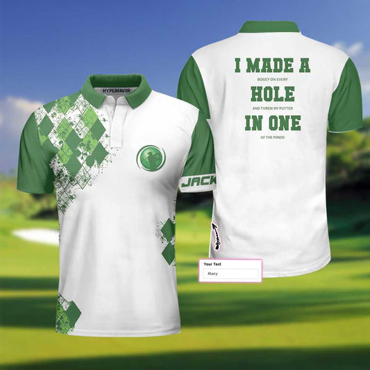 Golf Custom Men Polo Shirt, I Made A Hole In One Custom Polo Shirt, Personalized Golf Gift, White And Green Argyle Pattern Polo Shirt, Funny Golf Sayings Shirt