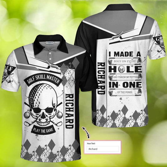 Golf Custom Men Polo Shirt, Personalized Golf Gift, I Made A Hole In One Golf Custom Polo Shirt, Black And White Skull Golf Shirt