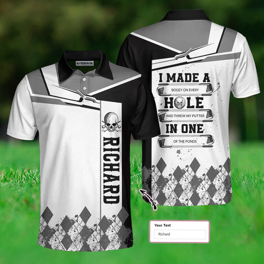 Golf Custom Men Polo Shirt, Personalized Golf Gift, I Made A Hole In One Golf Custom Polo Shirt, Black And White Argyle Pattern Polo Shirt