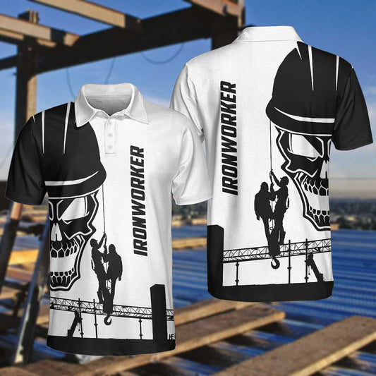 Ironworker Skull Short Sleeve Polo Shirt, Black Silhouette Skull Polo Shirt, Ironworker Shirt For Men