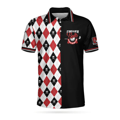 It Takes A Lot Of Balls Red Black And White Pattern Men Polo Shirt, Argyle Pattern Skull Golf Shirt For Men