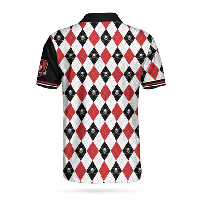 It Takes A Lot Of Balls Red Black And White Pattern Men Polo Shirt, Argyle Pattern Skull Golf Shirt For Men
