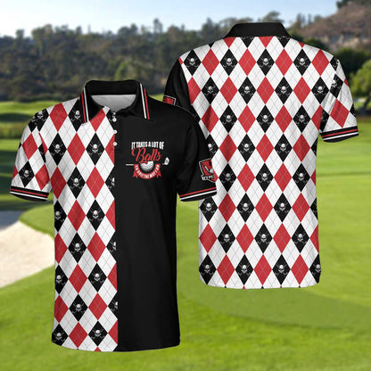 It Takes A Lot Of Balls Red Black And White Pattern Men Polo Shirt, Argyle Pattern Skull Golf Shirt For Men