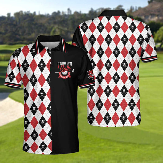 It Takes A Lot Of Balls Red Black And White Pattern Men Polo Shirt, Argyle Pattern Skull Golf Shirt For Men