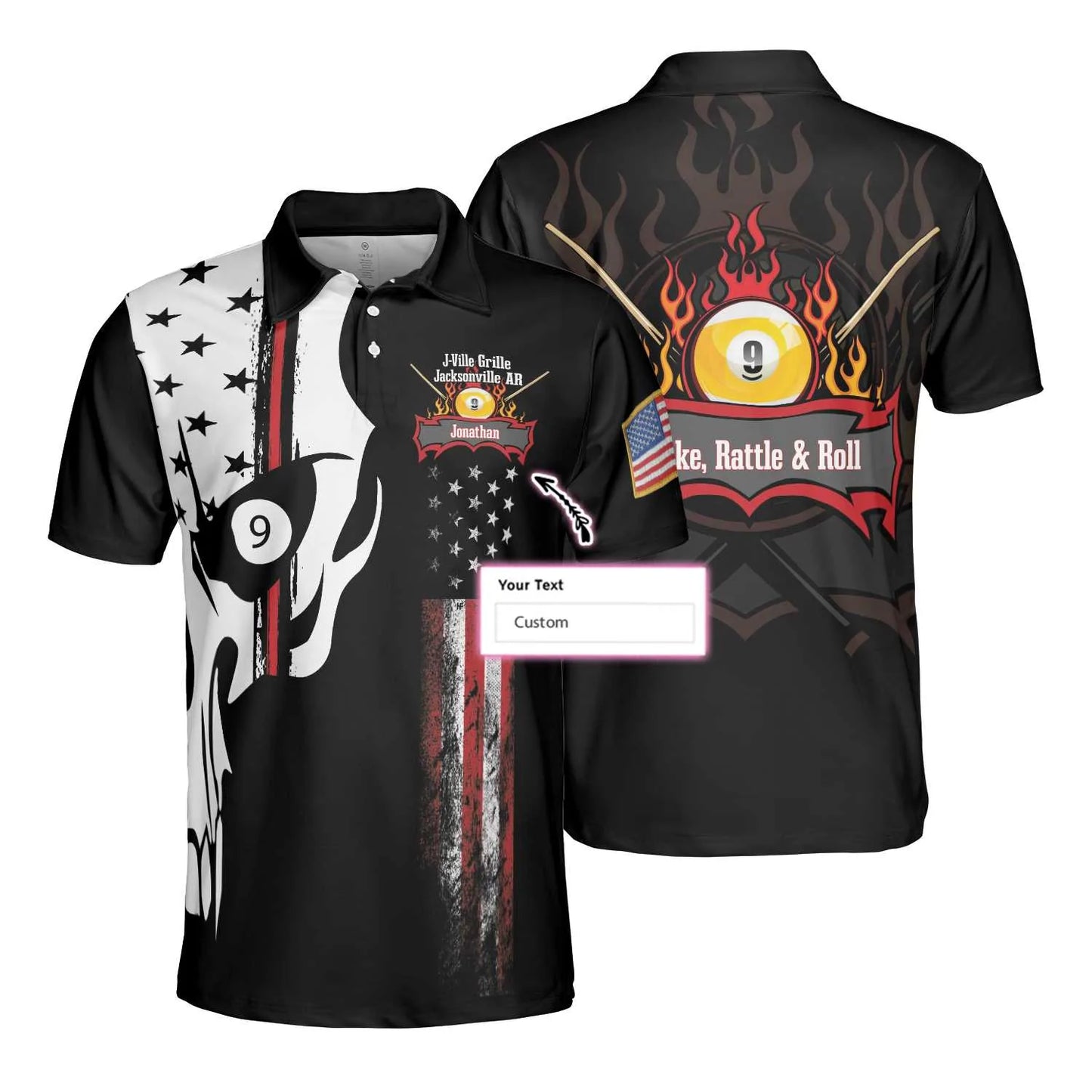 Personalized Skull American Flag Fire Bowling Ball 9 Men Polo Shirt, J-Ville Grille Jacksonville AR Custom Polo Shirt, Patriot Gift For Bowling Lovers