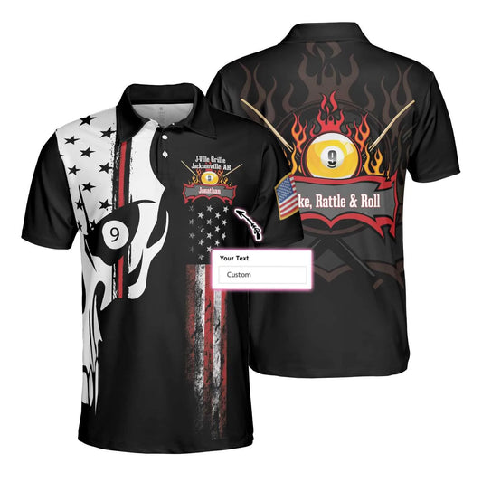 Personalized Skull American Flag Fire Bowling Ball 9 Men Polo Shirt, J-Ville Grille Jacksonville AR Custom Polo Shirt, Patriot Gift For Bowling Lovers