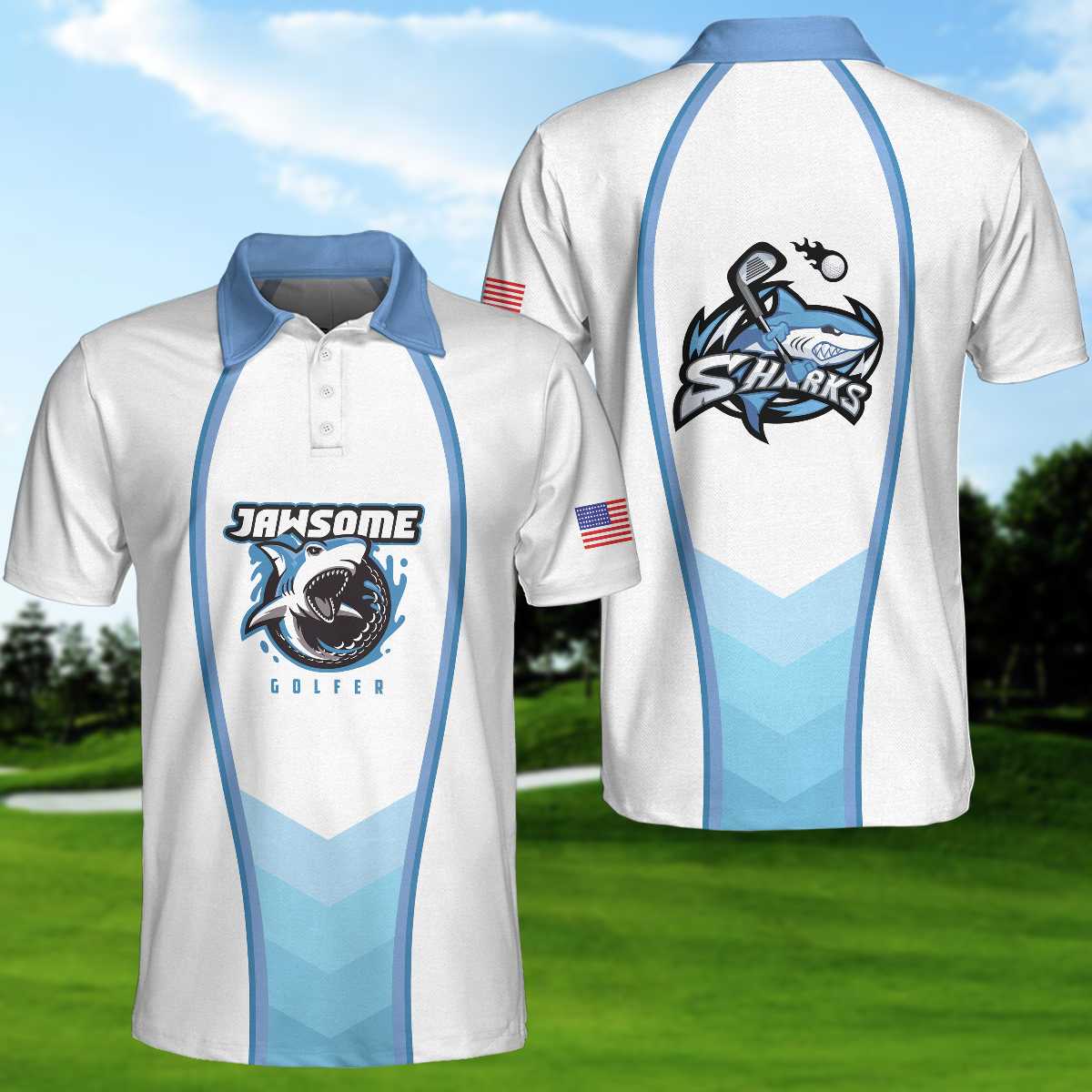 American Flag Shark Golf Men Polo Shirt, Jawsome Golfer Short Sleeve Polo Shirt, Best Golf Shirt For Men