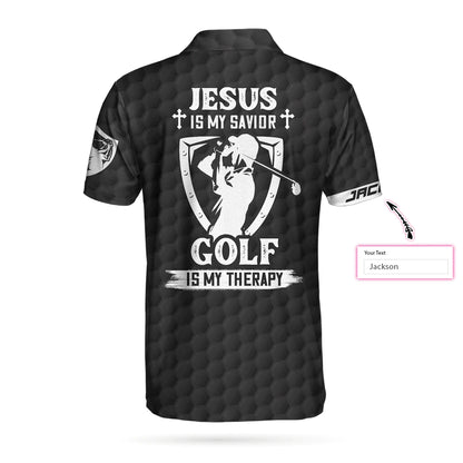 Personalized Jesus Men Polo Shirt, Jesus Is My Savior Golf Is My Therapy Custom Polo Shirt, American Flag Golf Shirt For Men