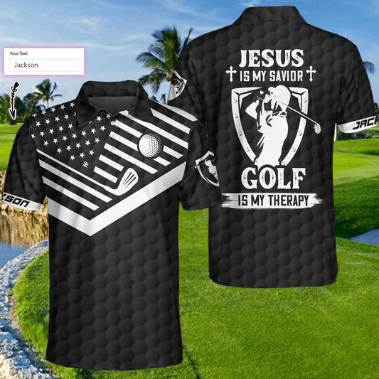 Personalized Jesus Men Polo Shirt, Jesus Is My Savior Golf Is My Therapy Custom Polo Shirt, American Flag Golf Shirt For Men