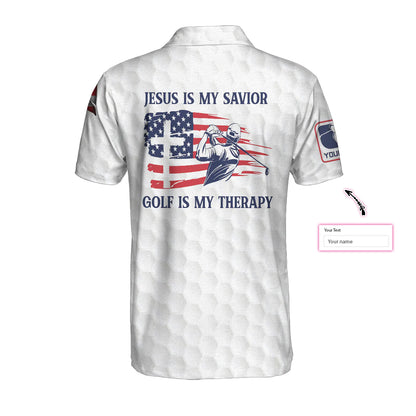 Personalized Jesus Men Polo Shirt, Jesus Is My Savior Golf Is My Therapy Custom Polo Shirt, American Flag Golf Shirt For Good Christians