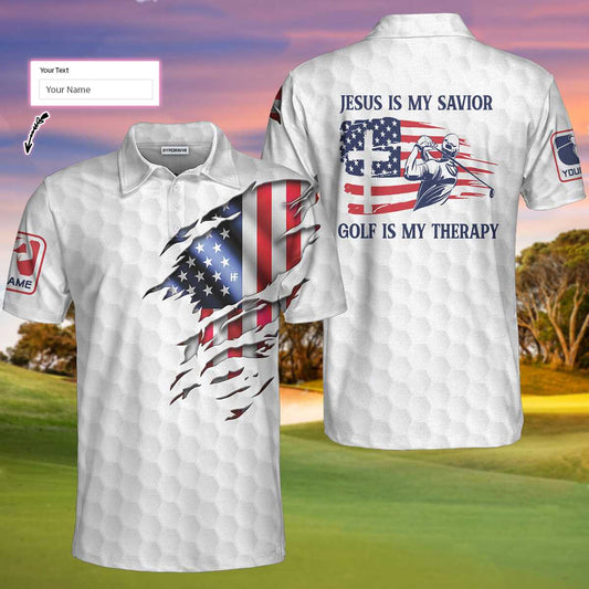 Personalized Jesus Men Polo Shirt, Jesus Is My Savior Golf Is My Therapy Custom Polo Shirt, American Flag Golf Shirt For Good Christians