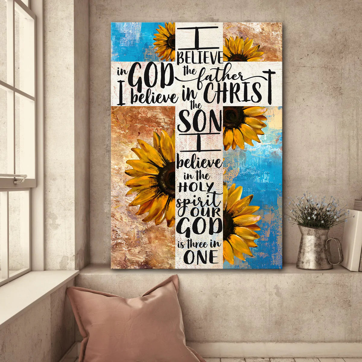 Jesus Portrait Canvas - Unique Sunflower Painting, White Cross Canvas - Gift For Christian - Our God Is Three In One Canvas