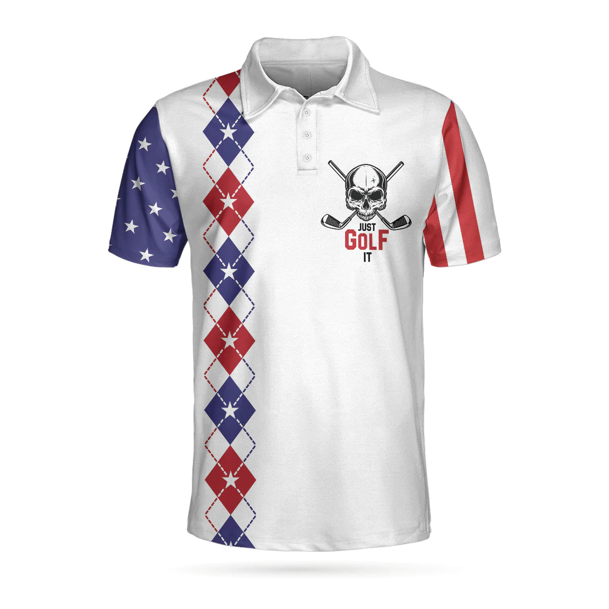 Argyle Pattern American Flag Golf Men Polo Shirt, Just Golf It Skull Short Sleeve Golf Shirt For Male