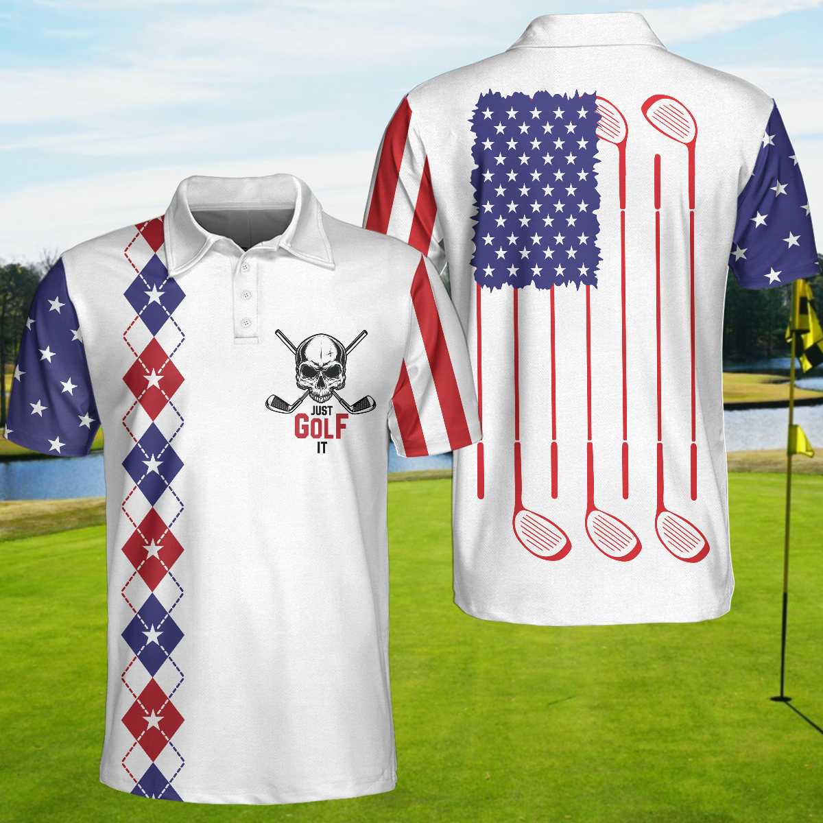 Argyle Pattern American Flag Golf Men Polo Shirt, Just Golf It Skull Short Sleeve Golf Shirt For Male