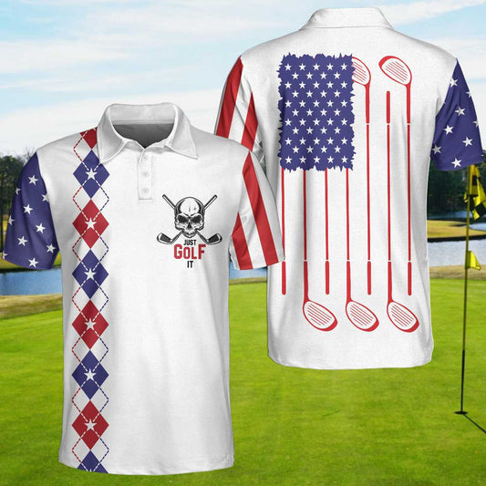 Argyle Pattern American Flag Golf Men Polo Shirt, Just Golf It Skull Short Sleeve Golf Shirt For Male