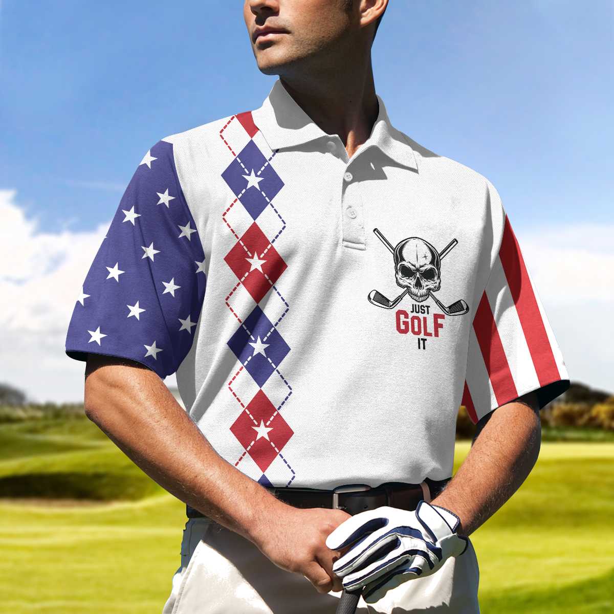 Argyle Pattern American Flag Golf Men Polo Shirt, Just Golf It Skull Short Sleeve Golf Shirt For Male