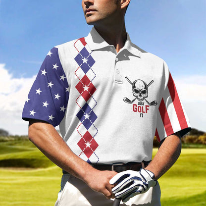 Argyle Pattern American Flag Golf Men Polo Shirt, Just Golf It Skull Short Sleeve Golf Shirt For Male