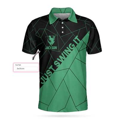 Personalized Black And Cyan Golf Men Polo Shirt, Just Swing It Abstract Geometric Line Pattern Custom Shirt For Male