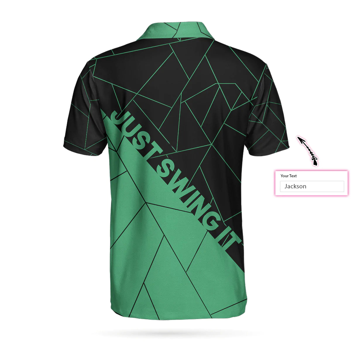 Personalized Black And Cyan Golf Men Polo Shirt, Just Swing It Abstract Geometric Line Pattern Custom Shirt For Male