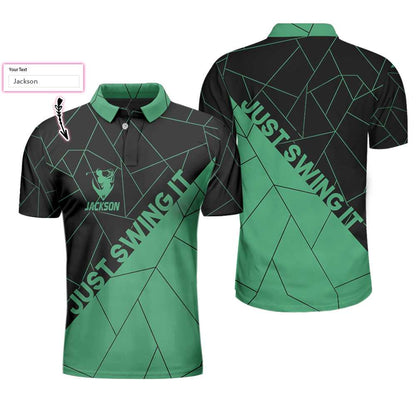 Personalized Black And Cyan Golf Men Polo Shirt, Just Swing It Abstract Geometric Line Pattern Custom Shirt For Male