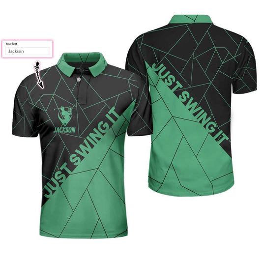 Personalized Black And Cyan Golf Men Polo Shirt, Just Swing It Abstract Geometric Line Pattern Custom Shirt For Male