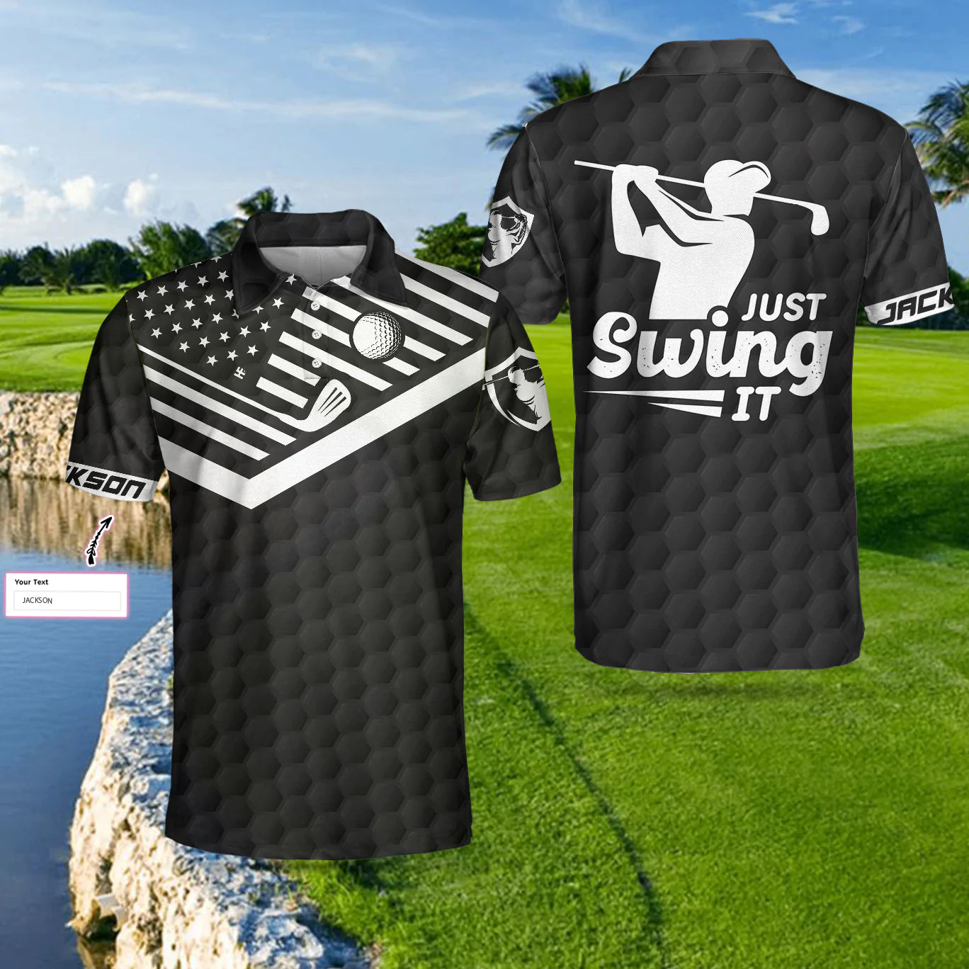Personalized Black American Flag Golf Men Polo Shirt, Just Swing It Golf Custom Shirt For Male