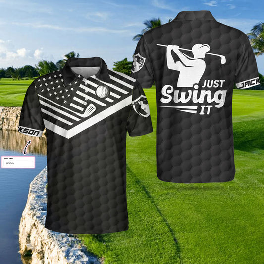 Personalized Black American Flag Golf Men Polo Shirt, Just Swing It Golf Custom Shirt For Male
