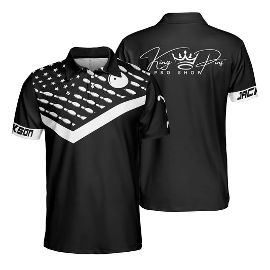 Personalized Bowling Pattern American Flag Men Polo Shirt, King Pins Pro Shop Custom Short Sleeve Shirt For Male