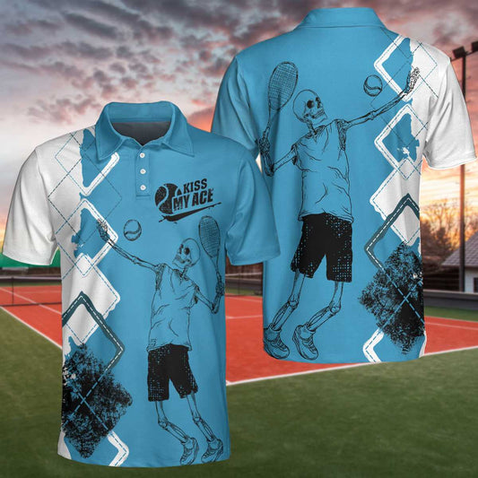 Argyle Pattern Skeleton Tennis Player Men Polo Shirt, Kiss My Ace Tennis Polo Shirt, Best Tennis Shirt For Male