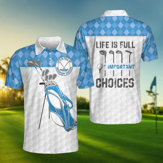 White Golf Texture Blue Argyle Pattern Men Polo Shirt, Life Is Full Of Important Choices Golf Polo Shirt, Best Golf Shirt For Male