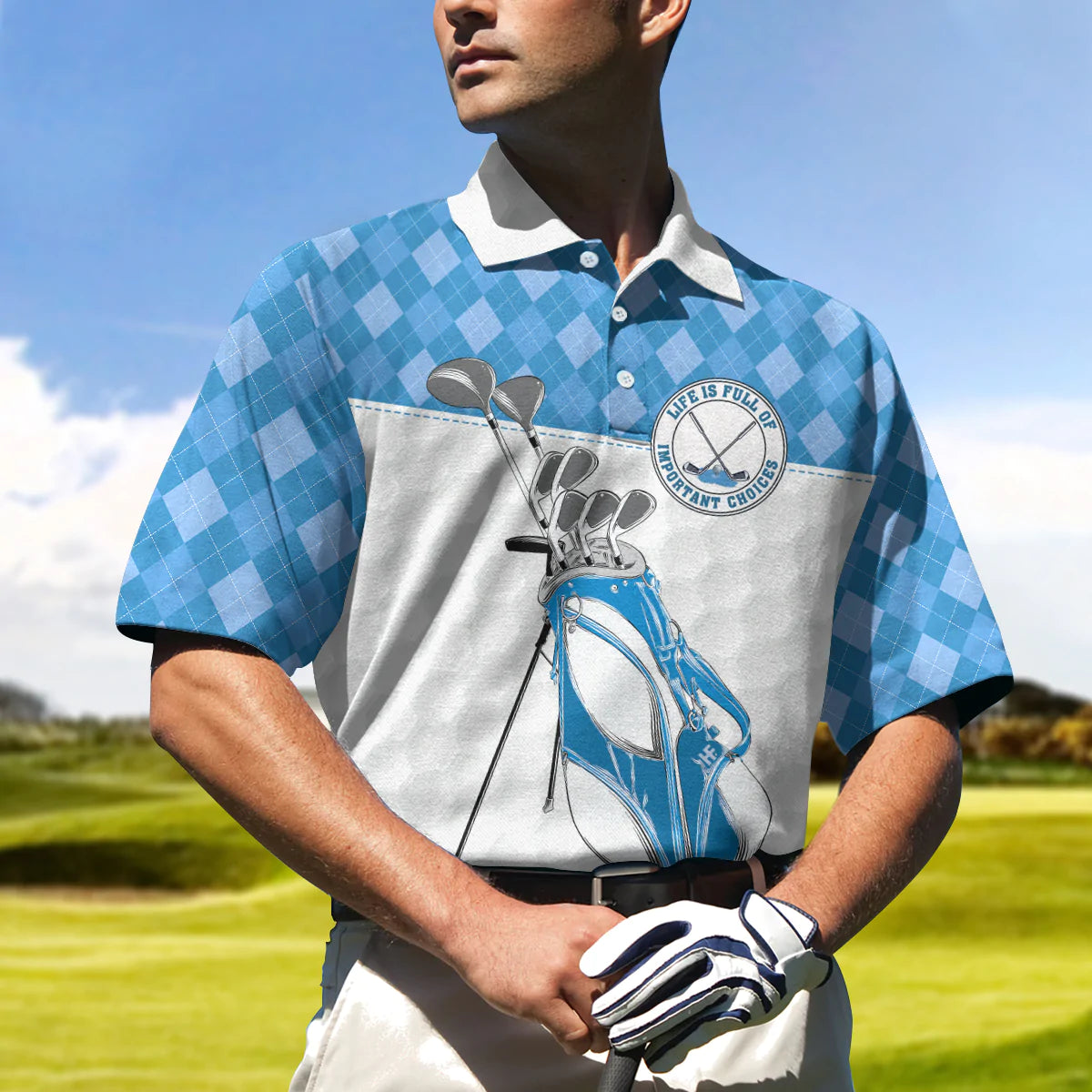 Blue and top white golf shirts