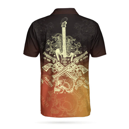 Live Rock And Roll Music Guitar Short Sleeve Polo Shirt, Golden Sixer Gun Polo Shirt, Best Guitar Shirt For Men