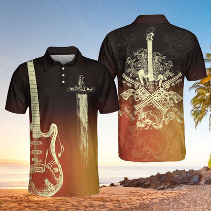 Live Rock And Roll Music Guitar Short Sleeve Polo Shirt, Golden Sixer Gun Polo Shirt, Best Guitar Shirt For Men