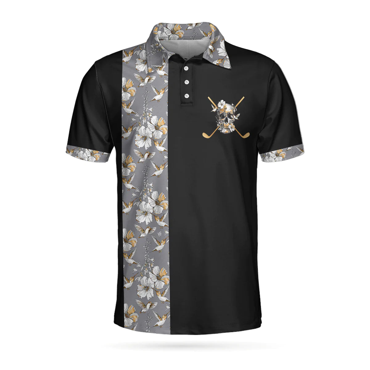 Men Polo Shirt - Luxury Golden Skull Black Golf Polo Shirt - Ash Floral Pattern Polo Shirt, Best Golf Shirt For Men