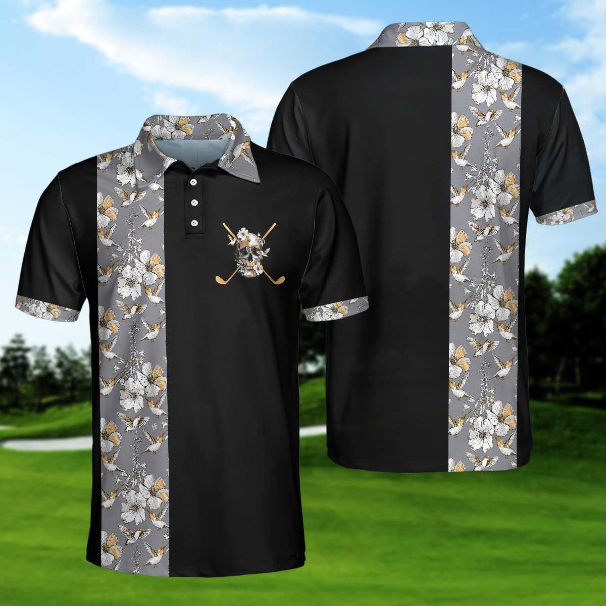 Men Polo Shirt - Luxury Golden Skull Black Golf Polo Shirt - Ash Floral Pattern Polo Shirt, Best Golf Shirt For Men