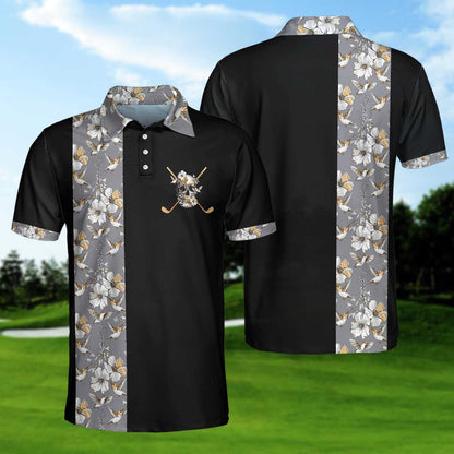Men Polo Shirt - Luxury Golden Skull Black Golf Polo Shirt - Ash Floral Pattern Polo Shirt, Best Golf Shirt For Men