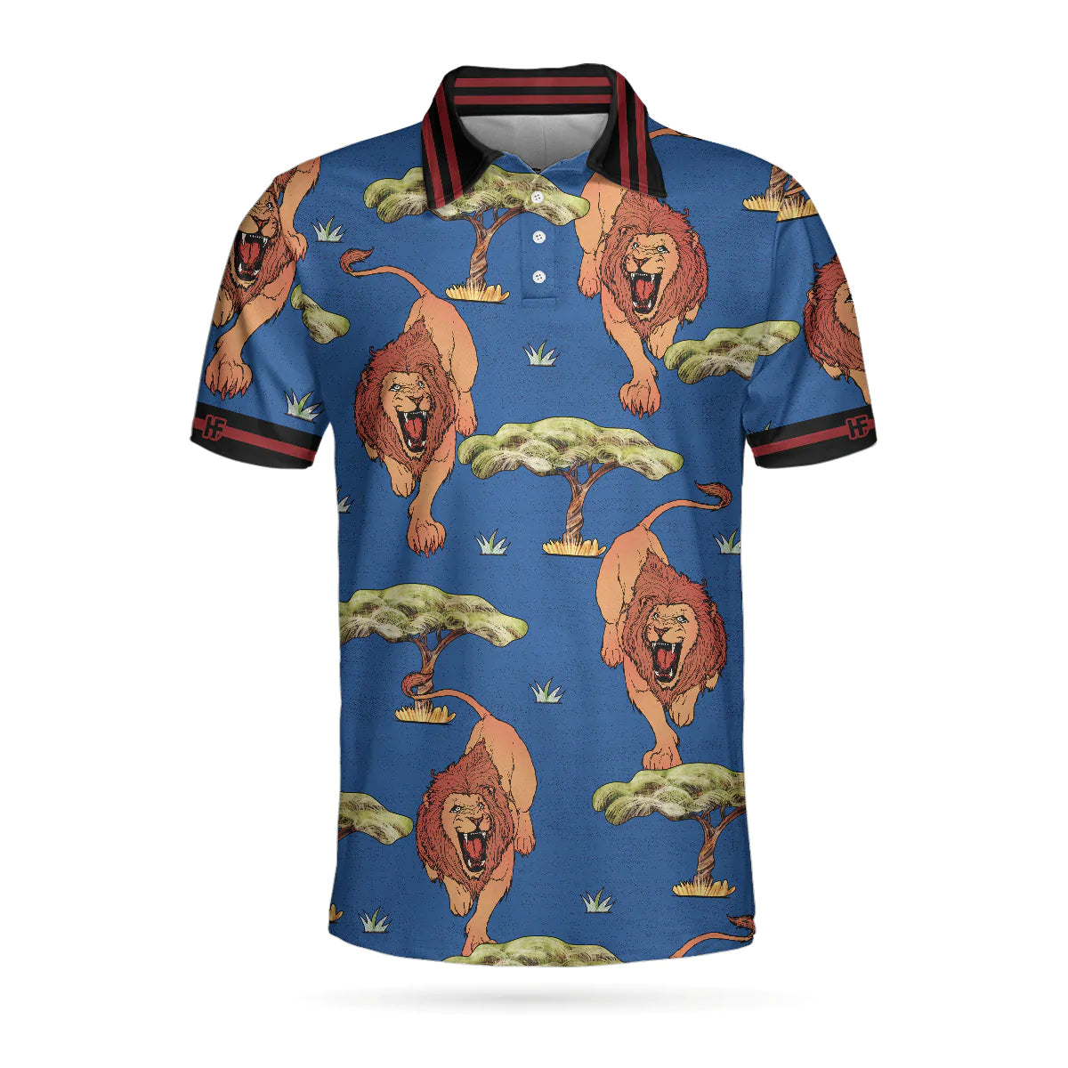 Men Polo Shirt - Luxury Lion King Polo Shirt - Blue Savanna Biome Lion Pattern Polo Shirt, Cool Lion Shirt For Men