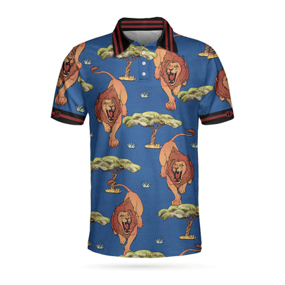 Men Polo Shirt - Luxury Lion King Polo Shirt - Blue Savanna Biome Lion Pattern Polo Shirt, Cool Lion Shirt For Men