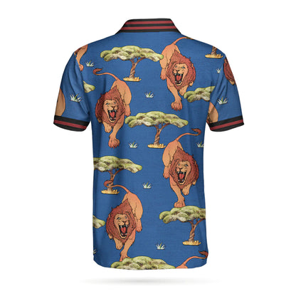 Men Polo Shirt - Luxury Lion King Polo Shirt - Blue Savanna Biome Lion Pattern Polo Shirt, Cool Lion Shirt For Men