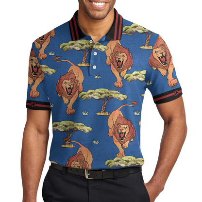 Men Polo Shirt - Luxury Lion King Polo Shirt - Blue Savanna Biome Lion Pattern Polo Shirt, Cool Lion Shirt For Men