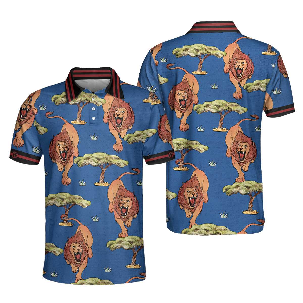 Men Polo Shirt - Luxury Lion King Polo Shirt - Blue Savanna Biome Lion Pattern Polo Shirt, Cool Lion Shirt For Men