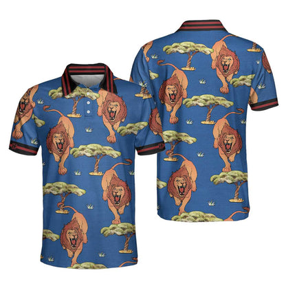 Men Polo Shirt - Luxury Lion King Polo Shirt - Blue Savanna Biome Lion Pattern Polo Shirt, Cool Lion Shirt For Men