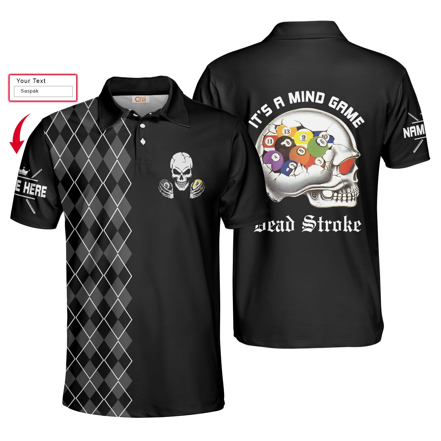 Personalized Argyle Pattern Skull Billiards Pool Men Polo Shirt, It's A Mind Game Dead Stroke Custom Polo Shirt, Best Gift For Billiards Lovers